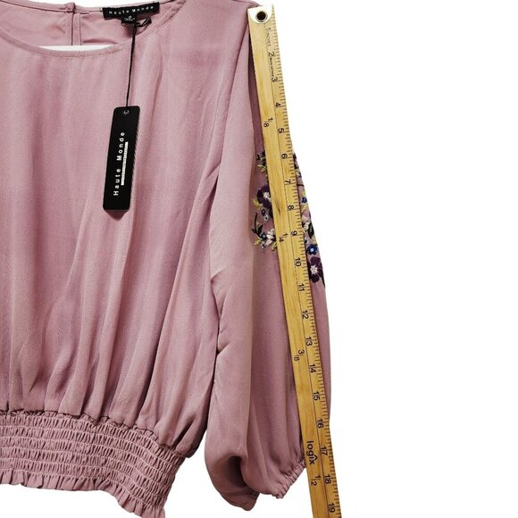 Womens Embroidered Sleeve Mauve Blouse With Smocked Hem By Haute Monde Size S - Picture 9 of 9